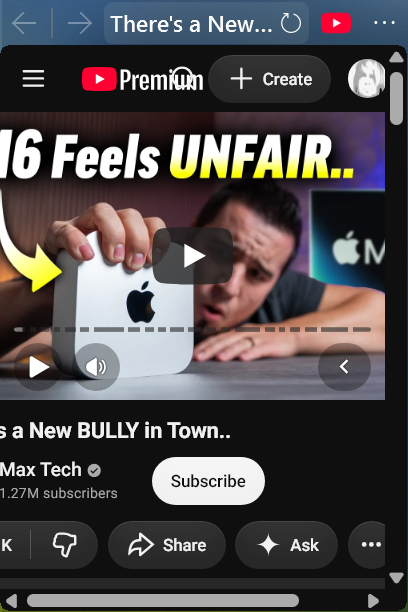 The Web Browser tile showing a YouTube page with the tile's own back, forward and reload bar above it.