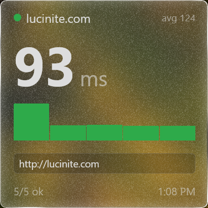 The HTML tile showing a ping page of the user's own: lucinite.com, 93 ms, a bar per ping and the average.