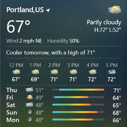 The Weather tile: Portland, 64 degrees and partly cloudy, with the hours ahead and the five-day forecast.